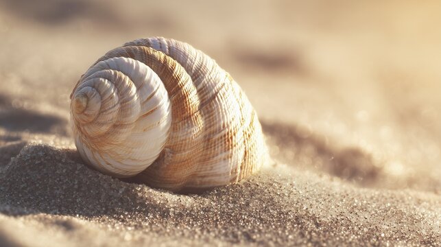 Macro of seashell texture on sand, warm sunlight, beach vacation