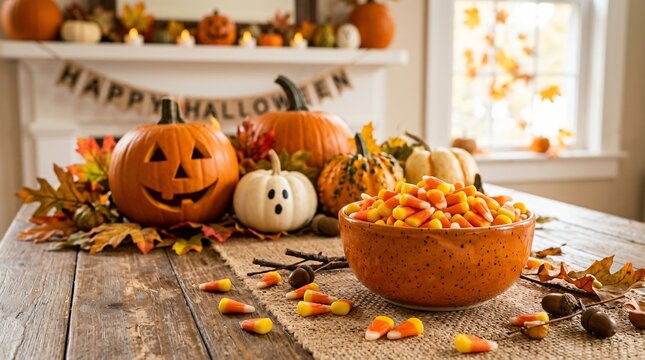 Halloween-themed table with pumpkins and candy corn decorations