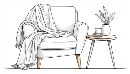 Fototapeta premium Cozy armchair with a draped blanket and a small side table with a vase and cup