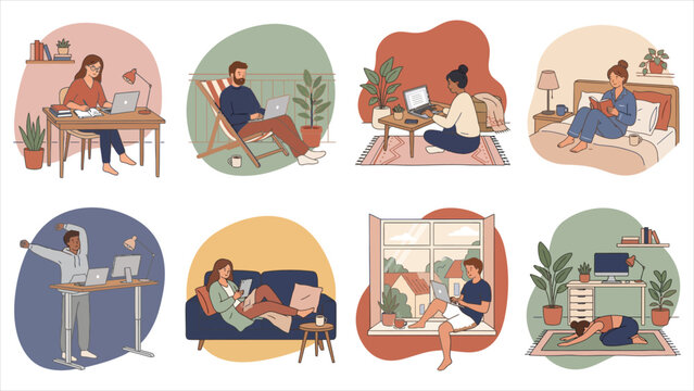 Diverse People Working Remotely from Home &ndash; Modern Remote Work Vector Illustration.