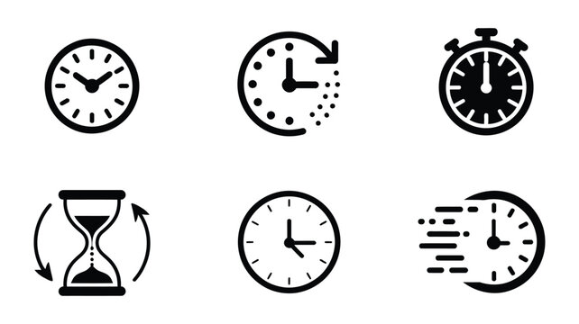 Time Management Icon Set, Clock Stopwatch Hourglass Symbols, Time Loop and Fast Speed Concepts, Modern Productivity Design Elements.