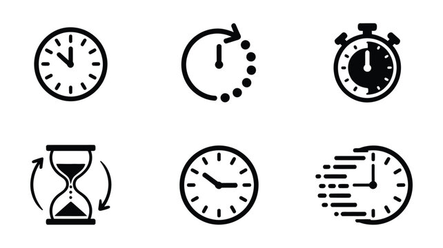 Time Management Icon Set, Clock Stopwatch Hourglass Symbols, Time Loop and Fast Speed Concepts, Modern Productivity Design Elements.