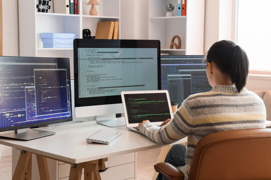 Female programmer working at desk in office, back view