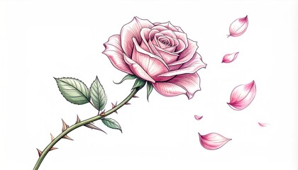 Fototapeta premium Delicate pink rose with falling petals intricately illustrated with sharp thorns on stem isolated