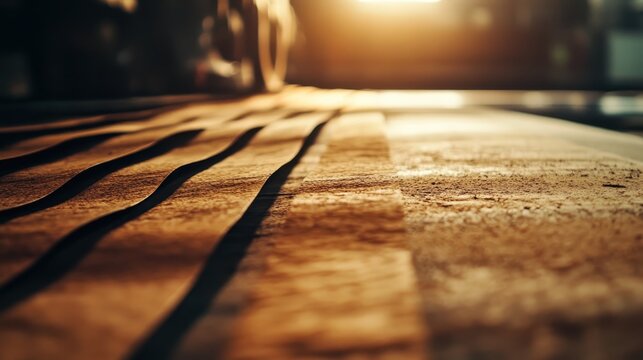 Close-up detailed view of a textured wooden floor surface with warm sunlight casting shadows
