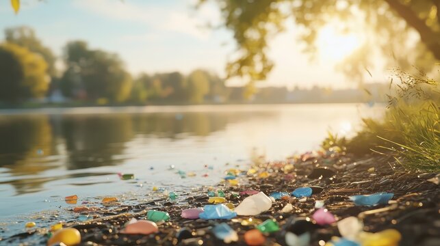 Colorful plastic waste pollutes the sunny shoreline of a tranquil suburban lake, highlighting environmental concerns.