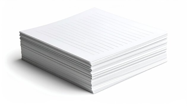 Stack of lined white paper sheets isolated on a clean white background top view