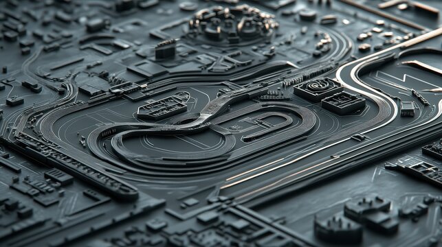 Detailed blueprint for a complex racing circuit design spread across a table with realistic shadows