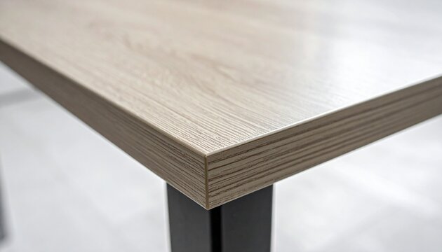 Close-up of a modern wooden table corner with a light wood grain finish and dark metal leg.