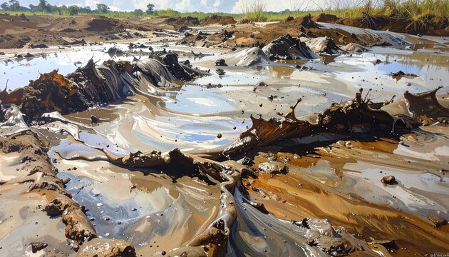 Close-up of thick wet mud with reflections of the sky creating a textured and abstract natural pattern.