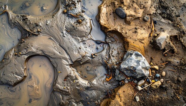 Close-up of wet textured mud and rocks showcasing natural patterns and earthy tones.