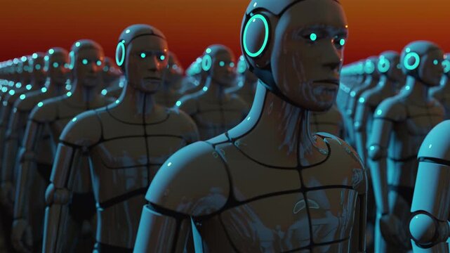 Futuristic 3d VJ loop featuring an endless crowd of identical cyborgs. High-tech sci-fi army visualization with neon lighting. Abstract digital performance for electronic music events and festivals.