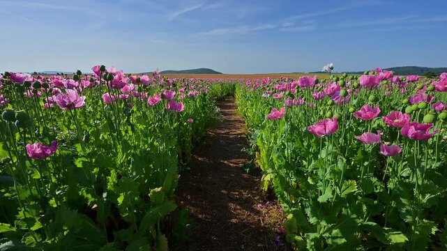 Schlafmohn (Papaver somniferum), unter einem klaren blauen Himmel und einem Weg, Sommer, Germerode, Geo Naturpark Frau-Holle-Land, Hoher Meissner, Hessen, Deutschland - 14066624