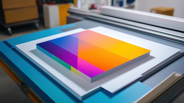 Professional printing process showcasing vibrant color gradients and modern layouts on paper materials
