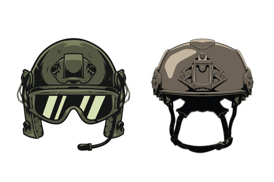 Collection of stylized military tactical helmets, featuring advanced head protection gear designed for modern soldiers and special forces operations