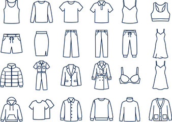 Fototapeta premium Clothing and Apparel Line Icon Set - Fashion Wardrobe Essentials, Shirts, Pants, Dresses and Outerwear Vector Collection.