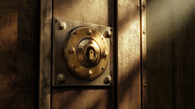Ornate antique brass lock mechanism secured within a textured wooden door, representing robust digital security.