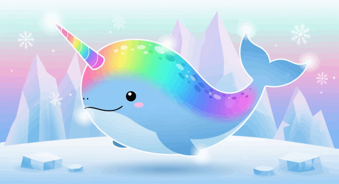 Adorable rainbow narwhal illustration in a whimsical icy landscape, magical creature with a unicorn horn