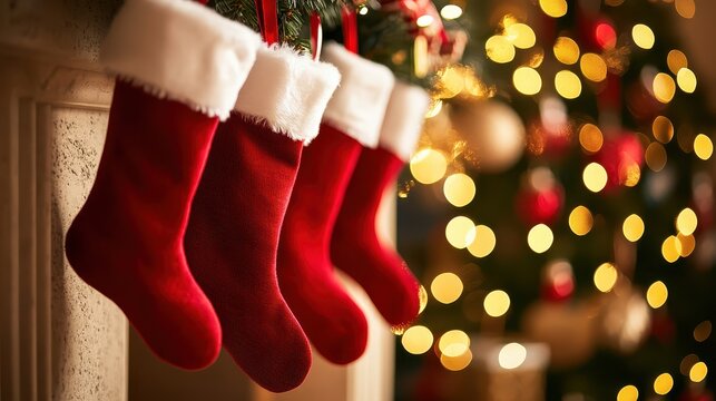 Red Christmas stockings filled with small gifts hang on a mantle with warm bokeh lights, evoking festive holiday cheer.