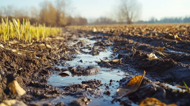 Rural pollution with chemical runoff and waste in a farm field with natural lighting and clear sky.