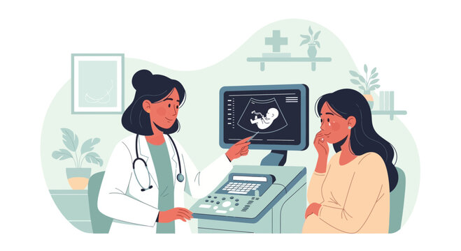 Doctor shows ultrasound scan of baby to expectant mother in clinic