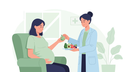 Fototapeta premium Pregnant woman consults with nutritionist for healthy diet and prenatal care.