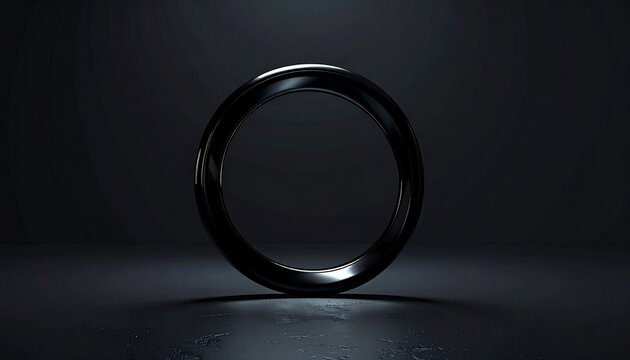 Shiny black ring object standing alone in dark space