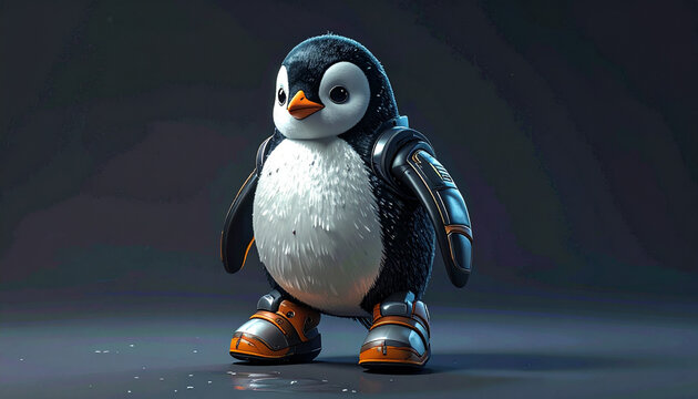 Cyborg penguin robot with orange beak and metallic limbs