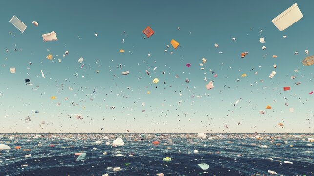 Vibrant plastic debris floats on the ocean surface under a clear sky, a stark visual of environmental pollution.