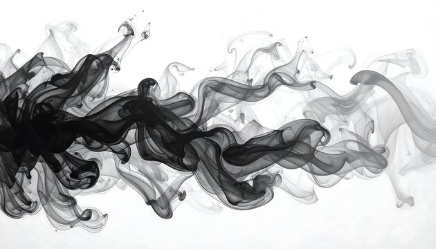Black ink gracefully swirls and diffuses through clear liquid, creating an artistic flow. The contrast generates an elegant grayscale gradient