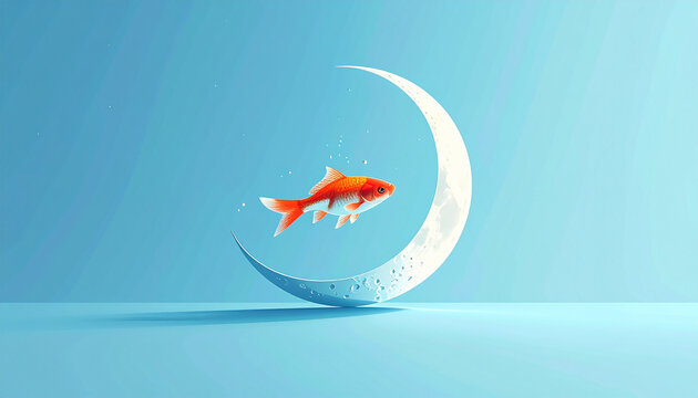 goldfish jumping out of water on crescent moon
