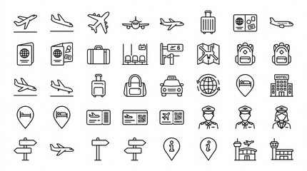 Fototapeta premium Modern Airport and Travel Outline Icon Collection Featuring Airline Tourism and Navigation Symbols
