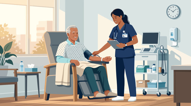 Nurse checking elderly man's blood pressure in clinic room, medical care concept