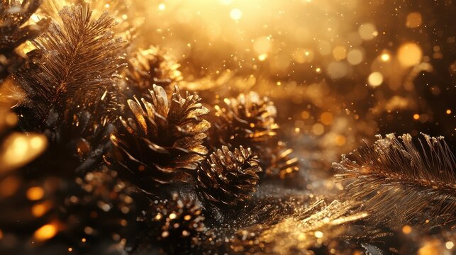 Closeup of natural pinecones with sparkling golden bokeh background, perfect for festive holiday and winter themes.