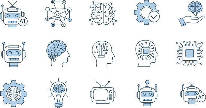 Artificial intelligence and robotics line color icon set featuring smart robot heads digital brain circuit boards and technology concepts