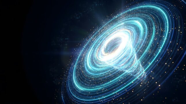 A colossal spiral vortex of densely packed glowing data particles and streaming light filaments forming a towering digital tornado
