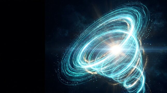 A colossal spiral vortex of densely packed glowing data particles and streaming light filaments forming a towering digital tornado