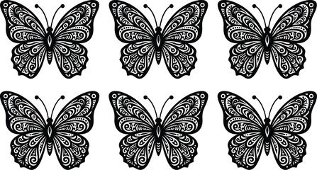 Fototapeta premium Six black butterflies with intricate designs on a white background