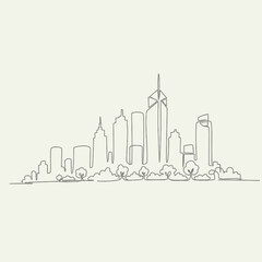 Fototapeta premium Minimalist cityscape line drawing, buildings and trees on beige background
