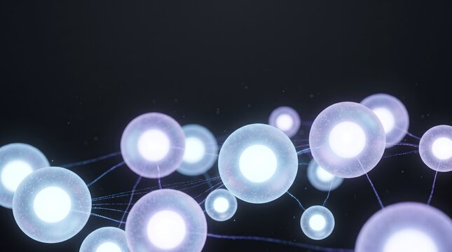A constellation of translucent glowing orbs in varying sizes &mdash; from marble-sized to basketball-sized &mdash; drifting and interconnected by hair-thin particle light threads that pulse softly with data trans