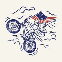 Obraz premium Fourth of July community celebration retro BMX rider stunt with American flag in vintage navy blue engraving illustration for Independence Day extreme sport event and youth culture design