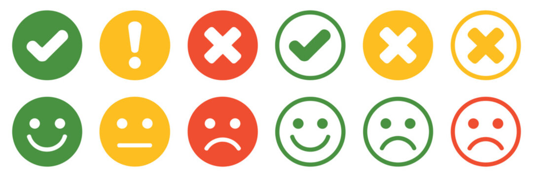 Round icon elements displaying approval, rejection, alerts, emoticons, and feedback buttons with colorful status indicators. Flat emoji vector illustration.