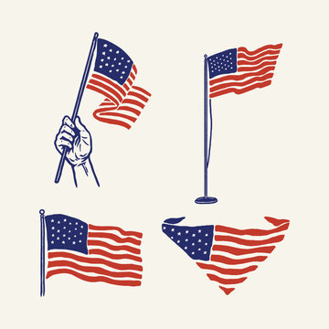Fourth of July community celebration American flag element collection with waving, hand-held, pole, and wing flag variations in vintage navy blue and red engraving illustration 
