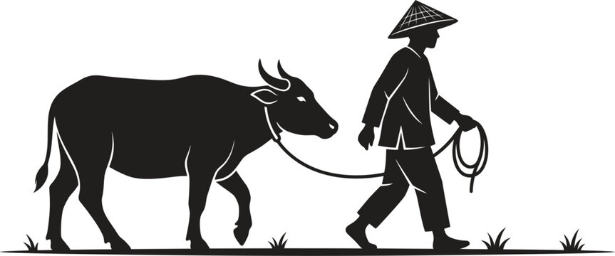 Farmer with water buffalo silhouette walking in rice field