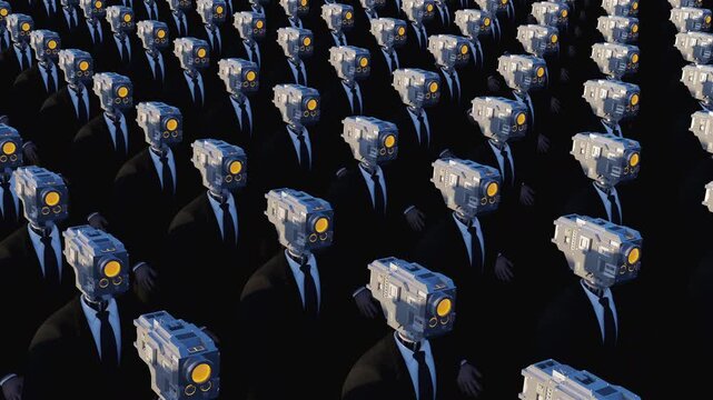 Endless 3d animation loop of humanoid cyborgs with technology heads wearing business suits. Concept of total control, mass monitoring, privacy loss and futuristic corporate dictatorship.
