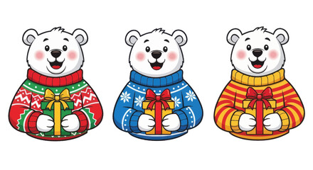 Three cute polar bears in Christmas sweaters holding gifts, isolated on white © roina