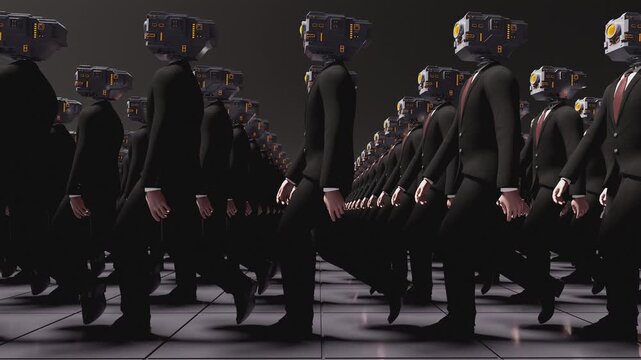 Endless 3d animation loop of humanoid cyborgs with technology heads wearing business suits. Concept of total control, mass monitoring, privacy loss and futuristic corporate dictatorship.
