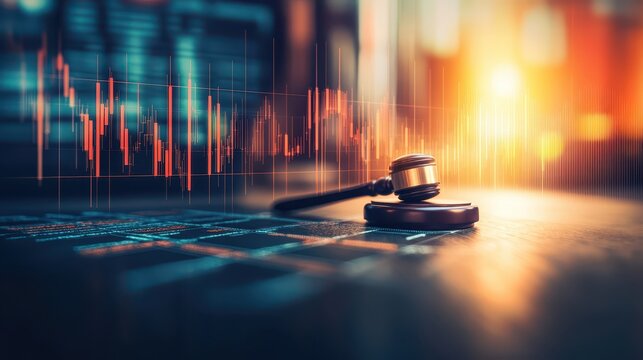 Legal Gavel on Desk with Financial Market Charts Illustrating Competition Law and Economic Analysis