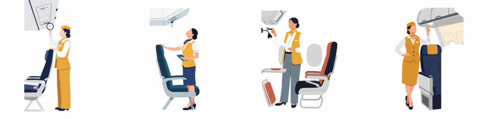 Professional flight attendants in yellow uniforms performing cabin duties and safety checks, depicted in a clean flat illustration style for aviation themes © Slamet