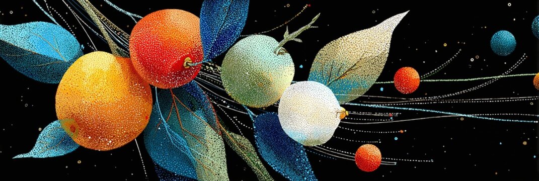 Vibrant oranges and leaves float amidst planets in a dark space environment